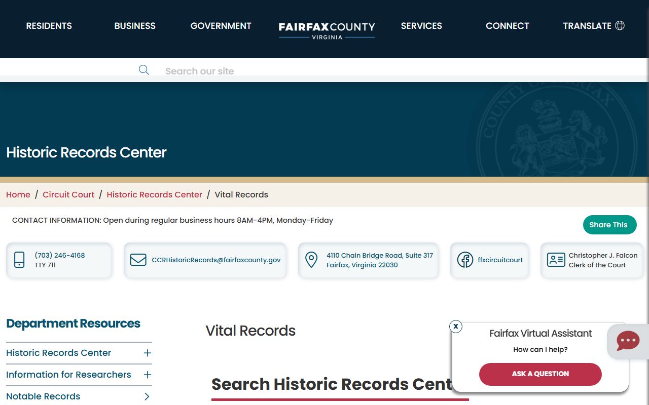 Fairfax City Virginia genealogy records search historic center