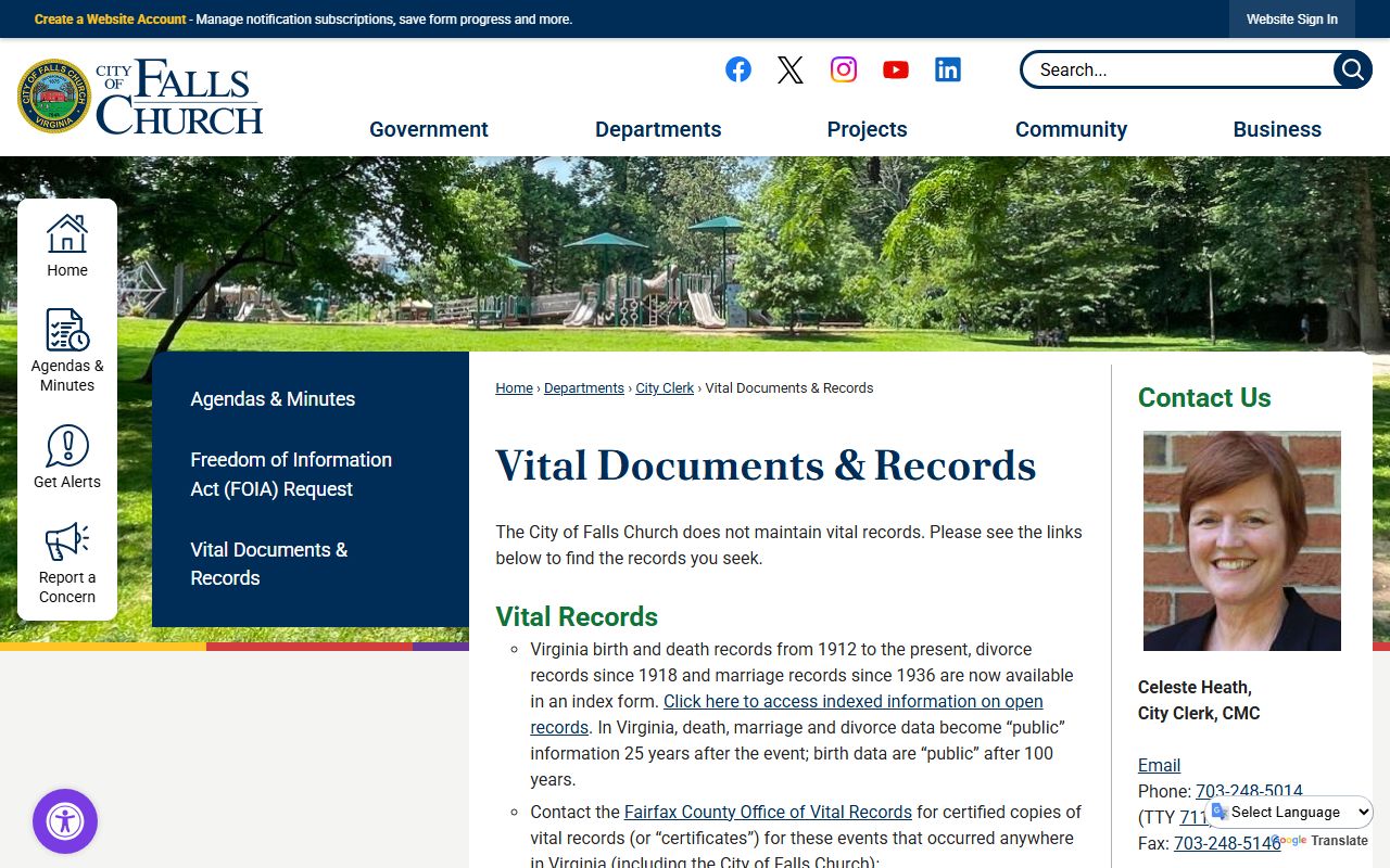 Falls Church city genealogy records and vital documents