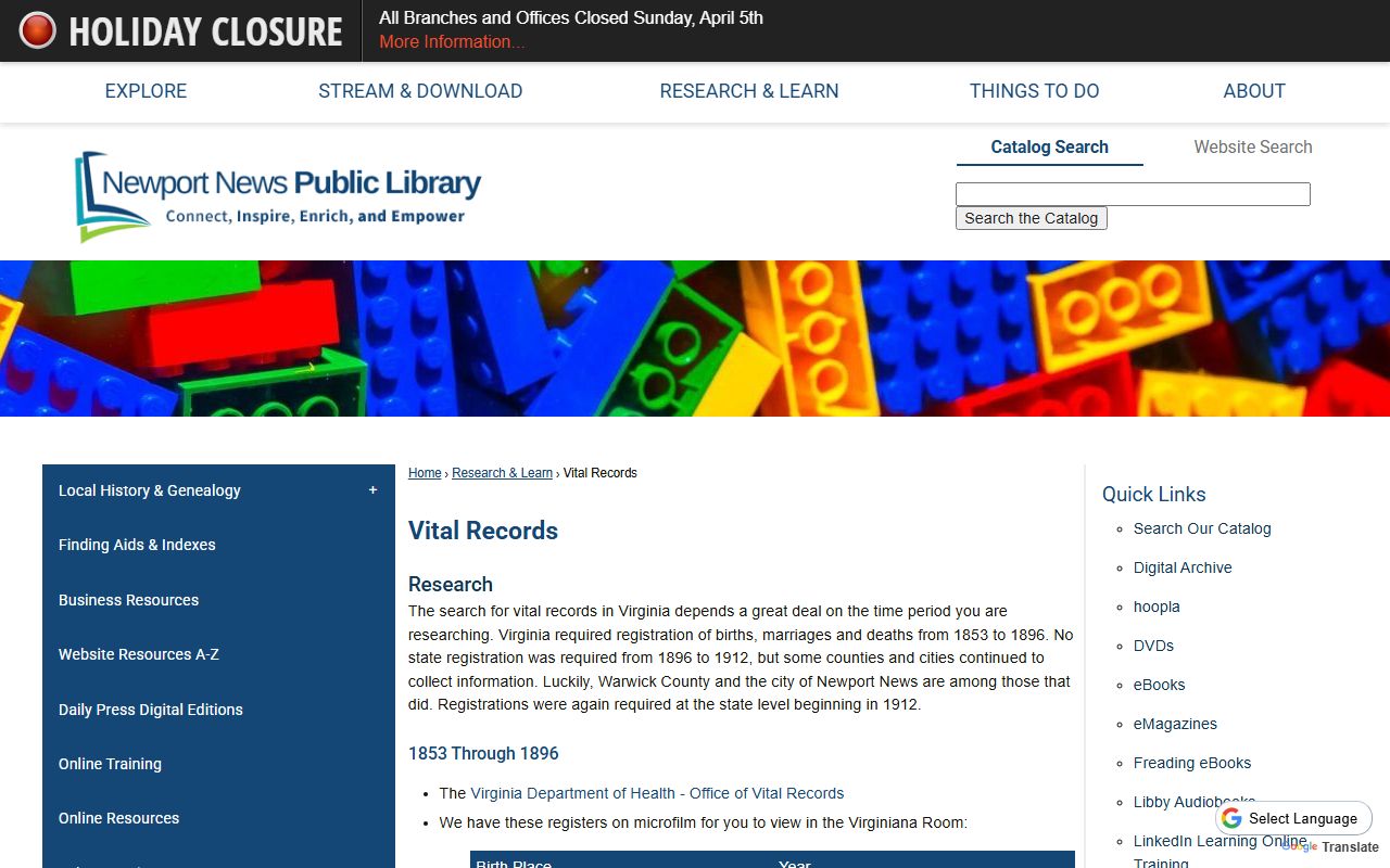 Newport News Virginia genealogy vital records public library