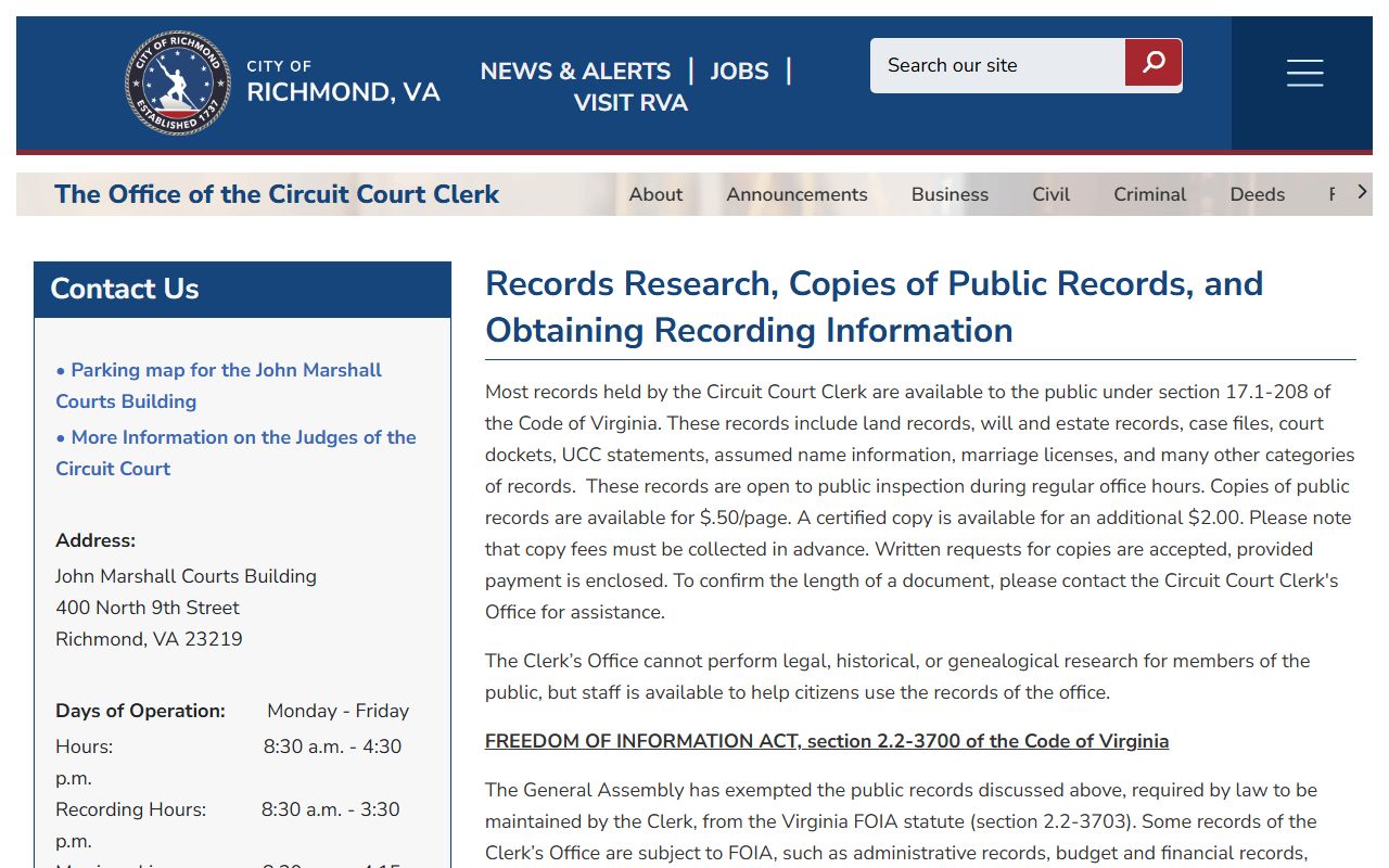 Richmond Virginia city circuit court clerk genealogy records