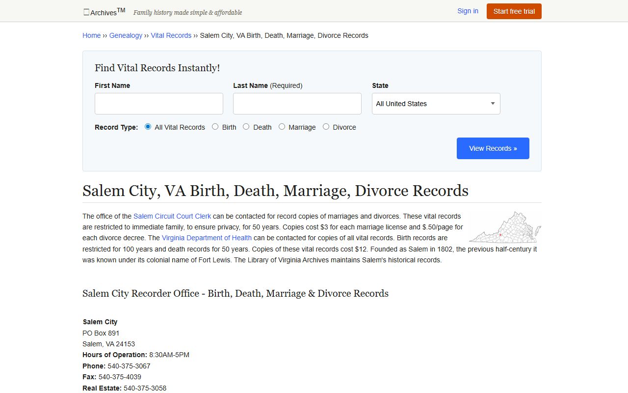 Salem Virginia genealogy vital records
