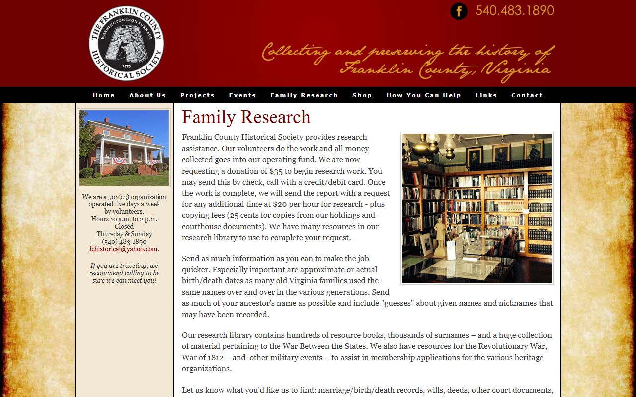 Franklin County Historical Society family research page
