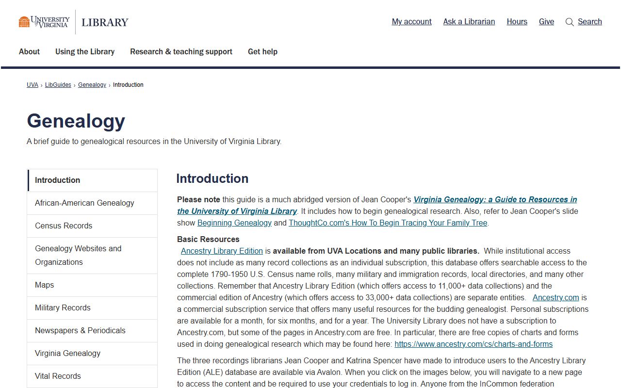 University of Virginia library genealogy research guide