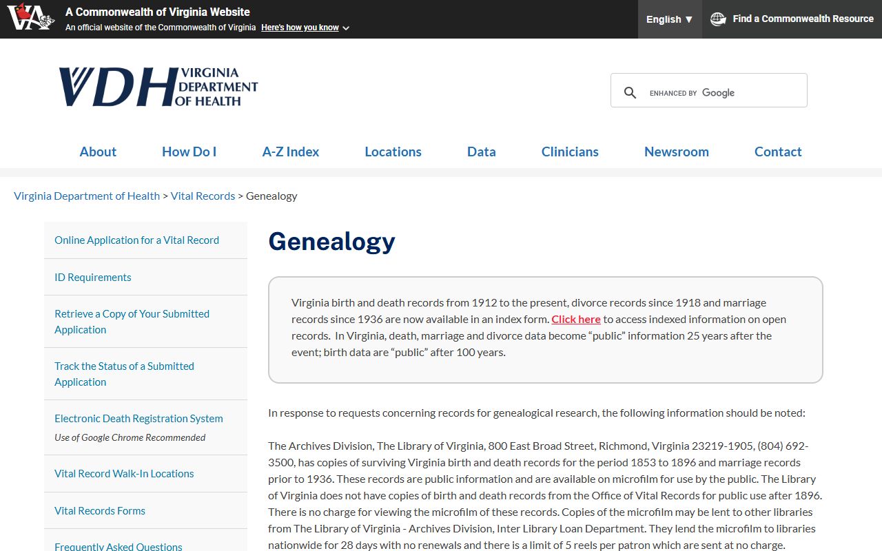 Virginia Department of Health genealogy research page