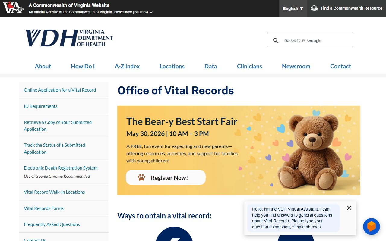 Virginia Department of Health vital records office for genealogy